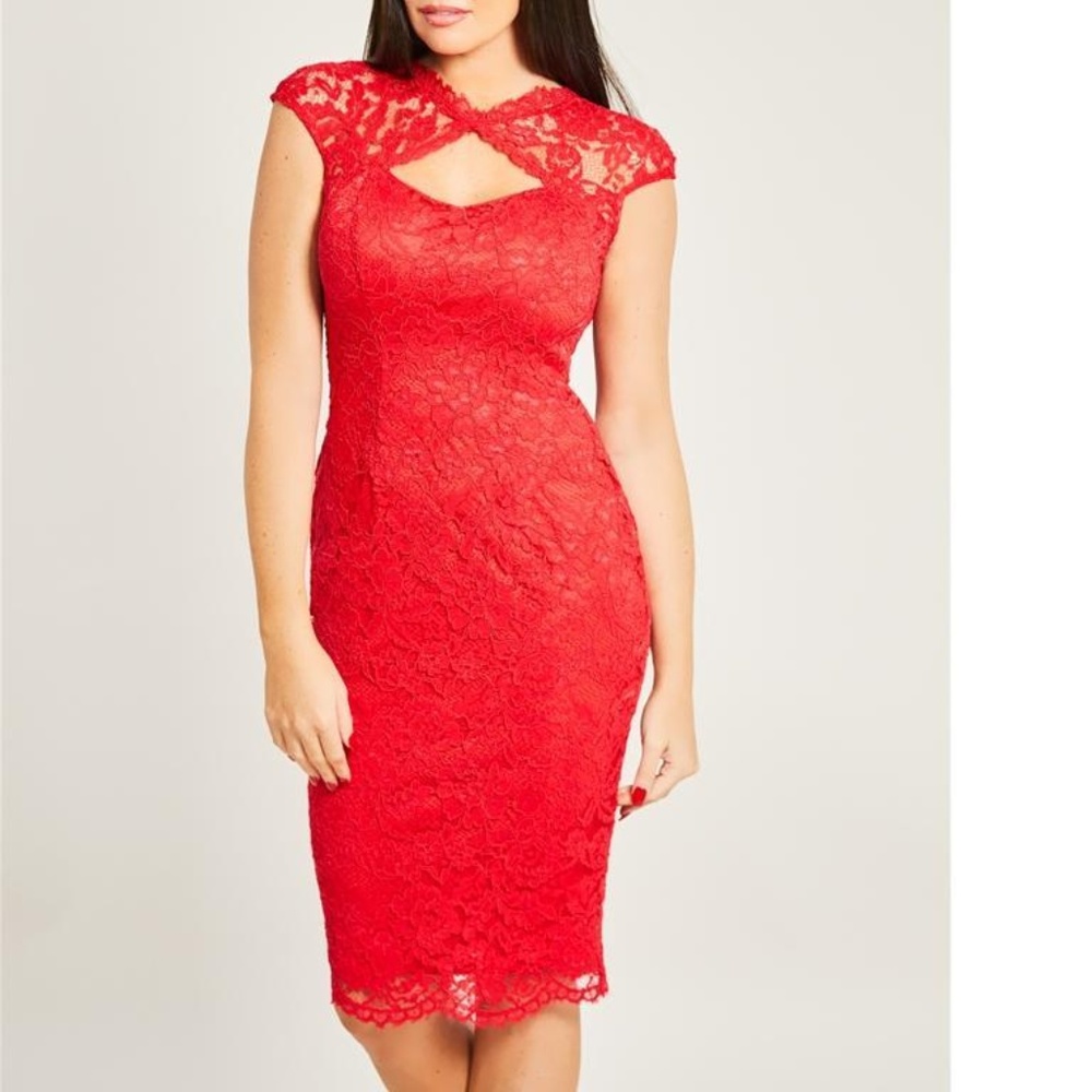 RYLEE Red Lace Midi Dress